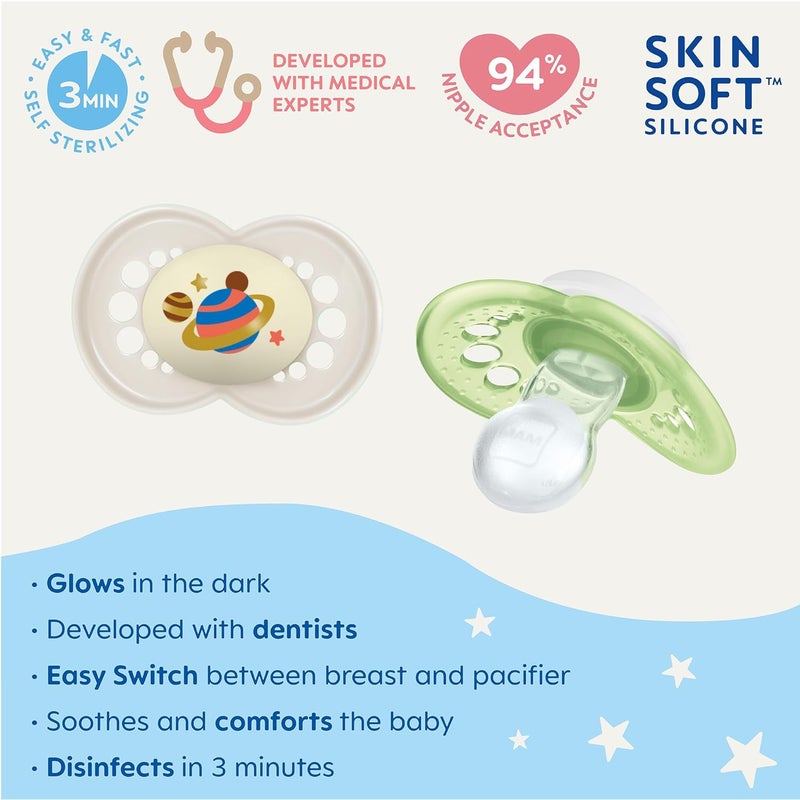 MAM Original Night Pacifiers, Binky Pacifier for 6-16 Months, BPA-Free Silicone, Glows in The Dark, Best for Newborn Babies, Developed with Medical Experts, 2 Count Binkies, with Sterilizer Case - Image 2